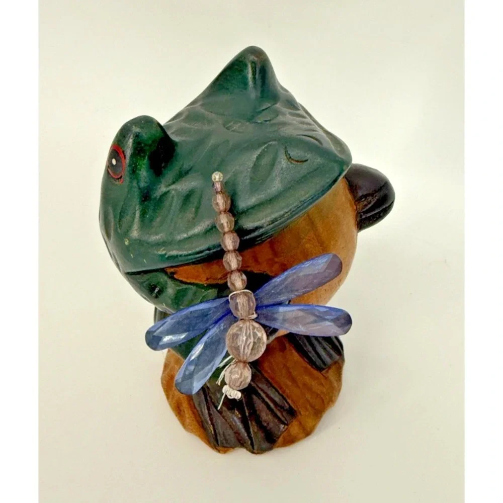 Hand Carved Wooden Frog Figurine Holding‎ Dragonfly Rustic Folk Art Decor